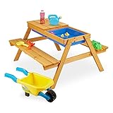 Relaxdays Kindersitzgruppe Holz, 2in1 Spieltisch & Matschküche, Picknicktisch für Garten, HxBxT: 49 x 90 x 85 cm, Natur