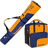 BRUBAKER Skitaschen Kombi Set Carver Pro - Skischuhtasche & Skisack für 1 Paar Ski 170 cm, Stöcke, Schuhe und Helm - Gepolstert, Reißfest & Robust - Rucksack Taschen für Skifahrer - Blau & Orange