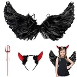 HELOVGE Engels flügel Kostüm,Kostüm Engel Schwarz,Halloween Teufel Flügel,Engel Flügel Schwarz,Gefallener Engel Kostü,Cosplay Ankleiden Outfit für Fasching Party Kinder Erwachsene.