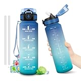 Sport Trinkflasche 1L, Kohlensäure Geeignet, Auslaufsichere Wasserflasche mit strohhalm, Motivierende Trinkflasche mit Zeitmarkierung, Sportflasche für Camping, Laufen, Erwachsener, Radfahren