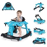 COSTWAY 6 in 1 Lauflernhilfe, Lauflernwagen klappbar mit verstellbarer Höhe & Geschwindigkeit, Baby Walker Flugzeugmotiv mit abnehmbarer Spieluhr & Esstablett, Gehfrei Baby ab 6 Monaten (Blau)