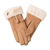 QWUVEDS warme Handschuhe Outdoor-Reiten Fahren niedlicher Bogen Plus Fleece-Touchscreen-rutschfeste Handschuhe Handschuhe Damen Alpaka (Khaki, One Size)