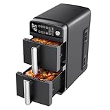 Double Stack Heißluftfritteuse 10L XL Airfryer mit 2 Vertikale Schubladen, 6 Funktionen, 60-210°C, 2400W, Energiesparend, ohne Öl, Backen, Braten, Grillen, Spülmaschinenfest