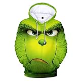 Weihnachten Hoodie Herren und Damen Grinch Weihnachtspullover 3D Lustig Kapuzenpullover Oversize Weihnachts Sweatshirt mit Tasche Langarmshirt Pullover Herbst Winter Festlich Oberteile Pulli