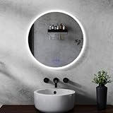MAERTS-E Runder Badezimmerspiegel mit LED-Lichtern, Bluetooth-Lautsprechern und Demister, LED-Badezimmerspiegel mit einstellbaren 3 Lichtfarben und Speicher, Wandschalter und Touch-Sensor,