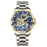 GLENAW Automatikuhren für Männer, Rotierende Erde Multifunktions Herren Mechanische Uhr Sternenhimmel Zifferblatt Stahlband Stoppuhr Sonne Mond Sterne Automatische Herrenuhr, 8950-Gold Blue, Modern
