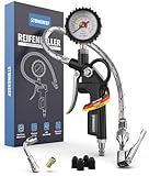 Reifenfüller mit Manometer [inkl. Adapter & Ersatzkappen] – Reifendruckfüller für Werkstatt, Auto und Fahrrad – Reifenfüller mit Schlauch und Luftdruckprüfer für Kompressor