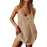 Generisch 2025 Einfarbiges modisches lässiges Shorts-Kleid mit Zwei Taschen für Damen Strandoverall Damen Sommer (Khaki M)