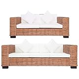 QJBSAVVA Rattansofa Set 2 und 3 Sitzer mit Kissen und Polstern Natürliches Rattan und Mangoholz Gestell Bequem und Stabil für Wohnzimmer Balkon oder Garten