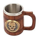 1 x Totenkopf-Kaffeetasse – 590 ml Halloween-Totenkopf-Trinkbecher, doppellagiger Becher mit Griff, mittelalterliche Piratentasse, Fantasie-, Mittelalter-Pub-Holz-Weinglas für Weinglas, 15 x 12 x 10