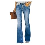 Sawmew 90er Jahre Vintage-Jeans mit Knopfleiste, hoher Taille, ausgestelltem Bein, High-Rise-Hose mit weitem Bein, dehnbarer Blauer Denim-Jeans, klassischer Pull-On-Stretch-Denim-Schlagunterseite