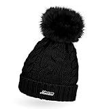 Neverless® gefütterte Damen Strickmütze mit Fell-Bommel und Fleece Futter, Winter-Mütze, Bommelmütze schwarz Unisize