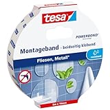 tesa Powerbond Montageband für Fliesen & Metall, feuchtraumbeständig, mit bis zu 10 kg Haltekraft pro Meter - doppelseitiges Montageklebeband für glatte Oberflächen - 5 m x 19 mm