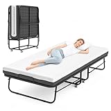 FentyOE Klappbett 90x200 cm Erwachsene mit ca.13 cm Matratze aus Gedächtnisschaum Gästebett Klappbar Metallrahmen Klappbetten mit Rollen Reisebett Faltbares Metallbett Stabil bis 210 kg belastbar