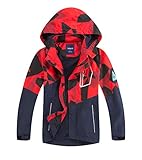 LAUSONS Kinder Gefütterte Regenjacke Jungen Camouflage Wasserdicht Jacke Leichte Übergangsjacke mit Abziehbar Kapuze Rot Camo DE: 134-140 (Herstellergröße 140)