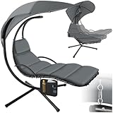 tectake® Hängeliege mit Gestell, Schwebeliege, Schwingliege mit Sonnendach, Schaukelliege, Hängesessel inkl. Tasche, Polsterauflage mit Kopfkissen, für Garten, Terrasse und Balkon - grau