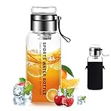 Glasflasche 1 liter /1l - Wasserflasche Trinkflasche Glas mit Neoprenhülle - Glastrinkflasche mit Edelstahl-Sieb, Glasdeckel als Becher verwendbar, für Outdoor/tägliches Trinken, Wasser & Getränken