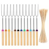 AROMUJOY Stockbrot Spieße Edelstahl, 12 Stück Stockbrot Stöcke Roasting Sticks Schaschlikspieße Ausziehbar 31cm-81cm mit 100 Bambus-Stäbe, Grillspieße Teleskop mit Holzgriff für Camping Grill