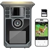 Hrivcam 4K 64MP Wildkamera mit Handyübertragung APP, Solar WLAN Bluetooth Eingebaute 5000mAh, 64GB Speicherkarte, Wildkamera mit Bewegungsmelder Nachtsicht, IP67 Wasserdicht 130°Weitwinkel