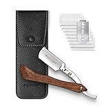 Störtebekker® Premium Rasiermesser mit Holzgriff im handgefertigten Lederetui (Schwarz) inkl. Alaunstift & Rasurguide [+ 10 Klingen] - Geschenkidee - Rasiermesser Set - Nassrasierer Set - Rasierset