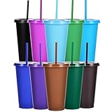 Yisituo 10 Stück Trinkbecher mit Deckel und Strohhalm, 710ml Wiederverwendbare Plastikbecher mit für Smoothies, Kaffee, Party und Reise (10, Hell)