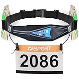 RJ-Sport Laufgürtel für Handy - wasserdichte Lauftasche, Sportgürtel Hüfttasche, Triathlon Startnummernband Laufgurt mit Bauchtasche & Verstellbarem Gummiband & Nummernhalter &6 Gel-Halter (Schwarz)