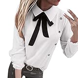 Damen Oberteile Kolylong Frauen Elegant Revers Blusen mit Schleife Vintage Langarm Hemd Business Hemden Loose Fit Schluppenblusen Bowknot Einfarbig Sweatshirt Büro Tunika Tops (Weiß, S)