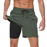 Arcweg Badehose für Herren mit Kompression Liner 2 in 1 Atmungsaktiv Badeshorts Männer Elastisch Trainingsshorts Verstellbar Tunnelzug mit Reißverschlusstaschen Militärgrün XL (EU)