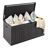 COSTWAY Gartenbox 300L, Auflagenbox mit abschließbarem Deckel & Gasdruckfedern, Aufbewahrungsbox wetterfest, Kissenbox Outdoor für Paketzustellung, Gartengeräte, Kissen & Poolzubehör (Braun)