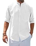 siliteelon Leinenhemd Langarm Stehkragen Herren Hemd Casual Sommer Businesshemd Regular Fit Freizeithemd Beach Leichte Shirt Weiß L