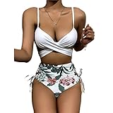 3-teiliger Damen-Badeanzug, Netzstoff, gerüscht, Blumen, Strand, Strandmode, bedruckt, hohe Taille, Triangel-Bikini, Badeanzug, Grün 1, L