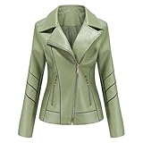 Damen Slim Fit Kunstleder Jacken Langarm Gesteppte Mäntel Revers Biker Outwear, grün, L