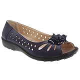 Boulevard Dayna Damen Kunstleder Blume Peep Toe Wohnungen Marine Mit Schwarz Allein UK 5