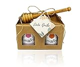 Honig Geschenkset 'LIEBE GRÜßE' mit Honiglöffel aus Buchenholz und Grußkarte - 1x250g Sanddorn cremig und 1x250g Frühtracht cremig - 100% Deutscher Honig Honigprinz Familien-Imkerei