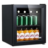 HCK 48L Mini Kühlschrank mit Glastür, 0-15°C Getränkekühlschrank für Bier, Lautlose kleine Kühlschränke 39dB, 2 Ablagen, Mini Fridge für Büro Zimmer, Minibar Bar Party, Bierkühlschrank, Schwarz