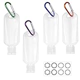 Kare & Kind Clear Tragbare Reiseflaschen - 4X Leere Flaschen mit Klappdeckel, 4X Karabiner, 1x Aufkleber-Etikettenblätter - bis zu 50 ML - Für Handdesinfektionsmittel, Desinfektionsalkohol