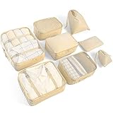 AMAYGA Koffer Organizer Set 8-teilig, kleidertaschen für Kleidung Kosmetik Schuhbeutel Kabel Aufbewahrungstasche, Reisen Organizer Tasche(Beige)