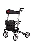 Antar 14949 Premium Aluminium-Rollator Set, Leichtgewicht-Reiserollator mit Vollausstattung, 3-fach faltbar für Kofferraum, Reise und Flug, Höhe verstellbar, Gurt, Stockhalter, silber