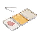 Relaxdays Panierstraße Edelstahl, 3 Schnitzel Panierset Schalen, mit Panierzange, stapelbar, spülmaschinenfest, silber