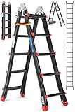MASKO Aluminium 6in1 Mehrzweckleiter – 20 Sprossen | - 520 cm | 150 Kg, ausziehbar, rutschfest, Multifunktional, Gelenkleiter, Anlegeleiter, Klappleiter, beidseitige Steh- und Treppenleiter | Schwarz
