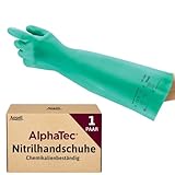 Ansell AlphaTec 37-185 Nitril-Arbeitshandschuhe, Industrie Chemikalien und Lebensmitteln, Chemikalien-Schutz Latexfrei, Chemie-Handschuh Säurefest, Damen Herren, Grün, Größe L (1 Paar)