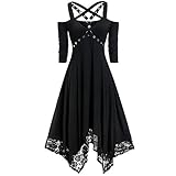 Generic Halloween Kostüm Maxikleid Damen Gothic Cocktailkleid Lang Cosplay Ballkleid Mittelalterliches Tunikakleid Schulterfreies Festkleid Schwarz Spitzenkleid Steampunk Kleid Maskerade Kleider, S