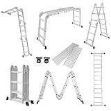 YRHome 6 in 1 Leiter Mehrzweckleiter Alu Gelenkleiter Klappleiter Steigleiter 340cm Multifunktionsleiter Aluleiter Kombileiter mit Plattformbis 150KG belastbar 4x3 Stufen Silber