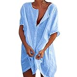 Sfit Damen Strandkleid Bikini Cover Up mit Rund Ausschnitt Knopfleiste Kurzarm Beach Strandponcho Pareos Sommerkleid Locker Bademode Strandtunika Vertuschen Shirt für Urlaub(Blau,EU L/Tag XXL)