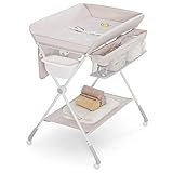 DREAMADE Wickeltisch Klappbar, Tragbare Wickelstation Baby mit Wasserbecken, Aufbewahrungskorb, Sicherheitsgurt und Räder, Wickelkommode Höhenverstellbar (Beige)