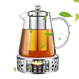 Neuytiky 1300ml Teekanne Glas mit Siebeinsatz und Stövchen,Tee Stövchen aus Edelstahl Borosilikatglas Teebereiter Teewärmer, Teekanne Suit für Losen Tees Fruchttee Duftender Te