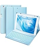 Vobafe Hülle mit Tastatur Kompatibel für iPad 9./ 8. /7. Generation 10.2 Zoll mit Stifthalter, Magnetisch 7 Farben Beleuchtung, Wiederaufladbar Abnehmbarer QWERTZ iPad Tastatur, Hellblau