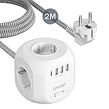 LENCENT 4 Fach Steckdosenleiste Steckdosenwürfel Mehrfachsteckdosen 8 in 1 Cube Steckdose Steckerleiste mit 3 USB, 1 Typ-C, USB Mehrfachstecker mit 2 Meter Geflochtenem Kabel für Wandsteckdose White