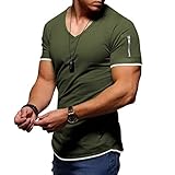 Rapbin T-Shirt für Herren Sommer Oberteil Kurzarm Sleeve Tee Shirts mit V-Ausschnitt Atmungsaktive Lässige Sportliche T Shirts Armeegrün L