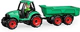 Lena Truckies Traktor mit Anhänger 38 cm, grün, Robustes Sandkasten Spielzeug mit abnehmbaren Anhänger, klappbare, Fahrerhaus, Kippmulde & Spielfigur, für Kinder ab 2 Jahren,